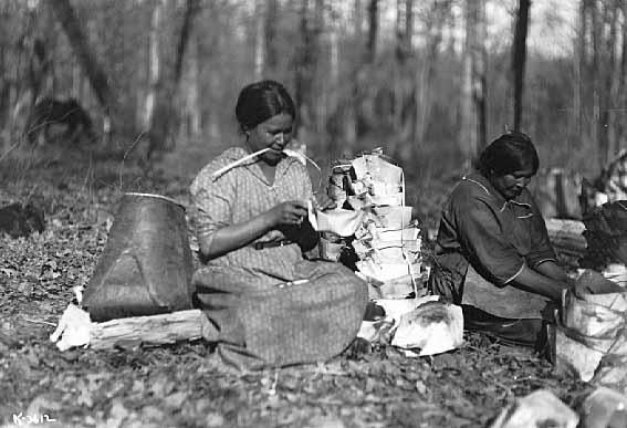 Mary Bigwind and Maggie Skinaway Making Birch Bark Containers