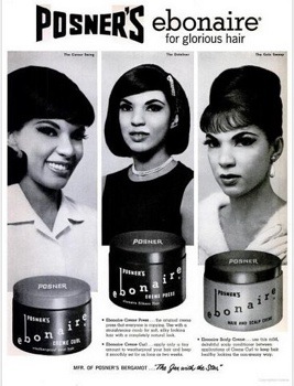 A 1964 advertisement for Posner Ebonaire hair care products