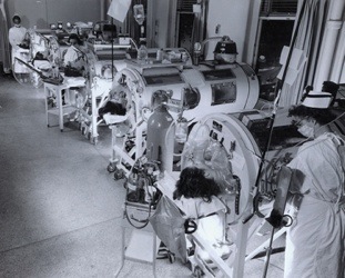 Polio iron lung ward at Haynes Memorial Hospital, Boston, Massachusetts, 1955