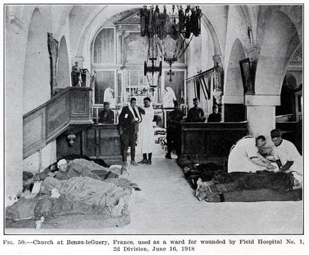 Makeshift hospital at a church in Bezu-le-Geury, France, June 16, 1918