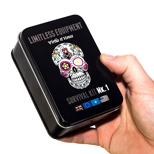 The Limitless Mark 1 Pro Survival Kit tin, black with skull design