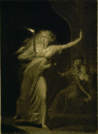 Lady MacBeth walking in her sleep, full-length view, carrying candle; a man and a woman observe from a bench on the right in the background.