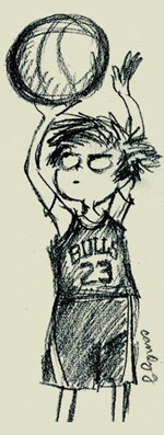 Andi playing basketball. Illustrated by Candy Gourlay
