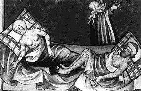 A clergyman strews herbs in the air surrounding two people infected by the plague
