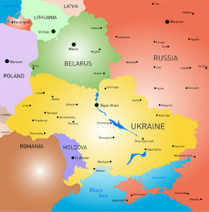 A contemporary map of Belarus. It is bordered by Russia to the East, Poland to the West and Ukraine to the South.
