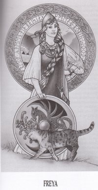The Norse goddess Freya with shield, dagger and helmet