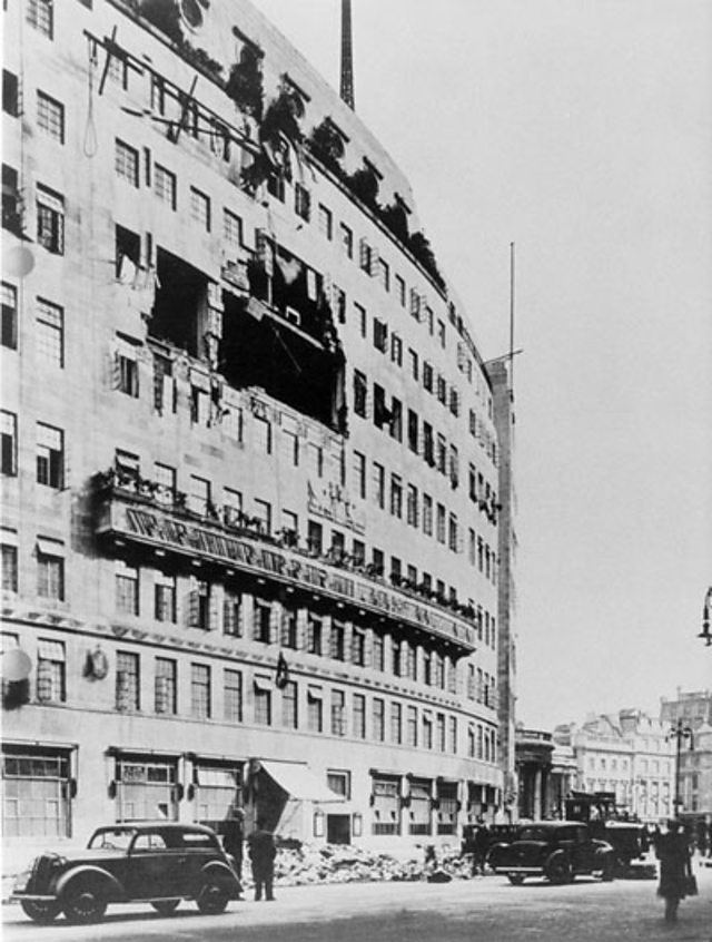 Exterior of BBC's Broadcasting House after bombing on 15 October, 1940