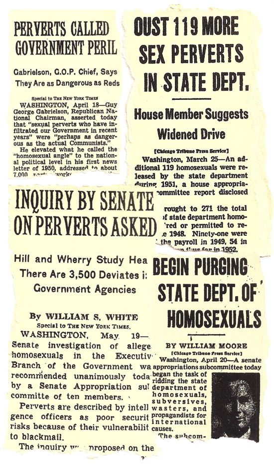 Newspaper headlines describing the purge of homosexuals from government jobs during the Lavender Scare