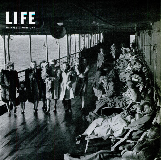 War brides walking on the deck of the SS Argentina