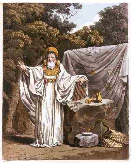 19th century painting of a Druid with a robe and white beard