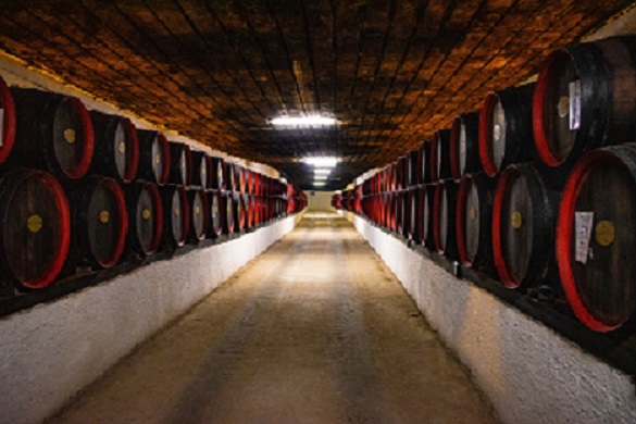 A wine cellar filled with stacked barrels of wine