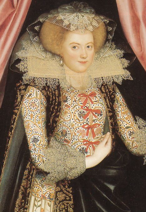 Example of Jacobean era fashion in portrait of woman wearing embroidered lace jacket