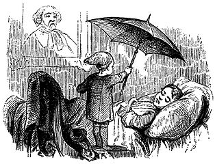 Drawing of Hans Christian Andersen's Ole Lukøie standing over a sleeping person's bed with an umbrella