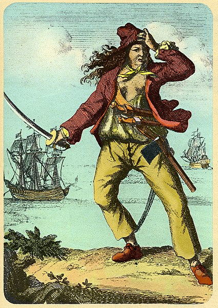 Engraved color depiction of Mary Read, standing on shore with sword in hand and ships in the background
