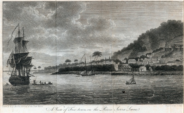 Black-and-white illustration of a view of Freetown, Sierra Leone on the coast of the Sierra Leone River, 1803