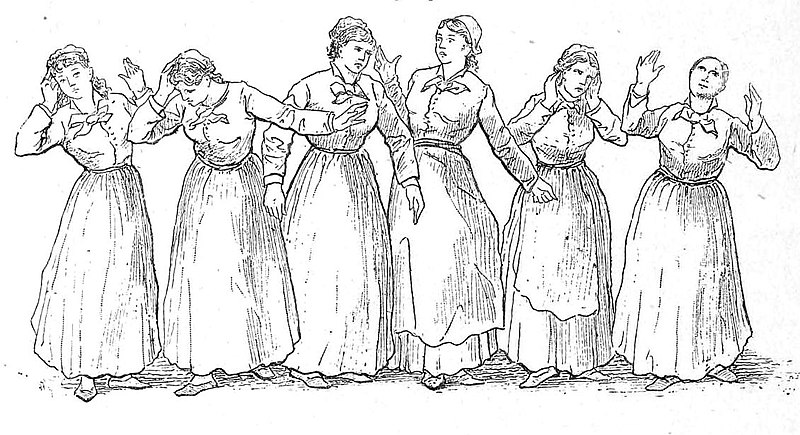 1893 black-and-white drawings of a woman with catalepsy brought on by 'hysteria,' shown in several different standing positions