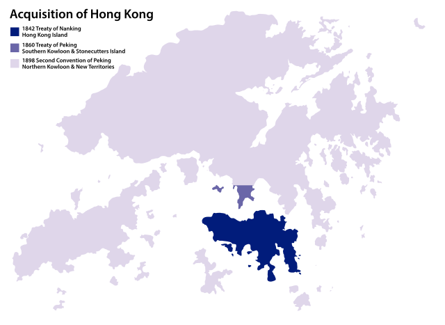 Shaded map showing areas of Hong Kong acquired by the British on three key dates: 1842 (Hong Kong Island), 1860 (Kowloon Peninsula) and 1898 (Northern Kowloon and New Territories)