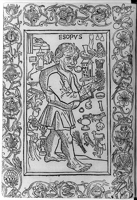 woodcut depicting Aesop surrounded by images from his fables