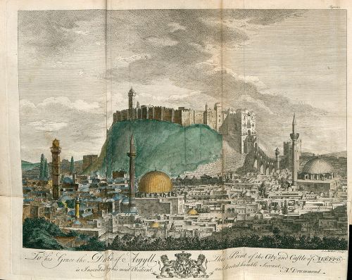 Detailed historical illustration of a city, showing a high mound topped by a complex architectural structure in the center