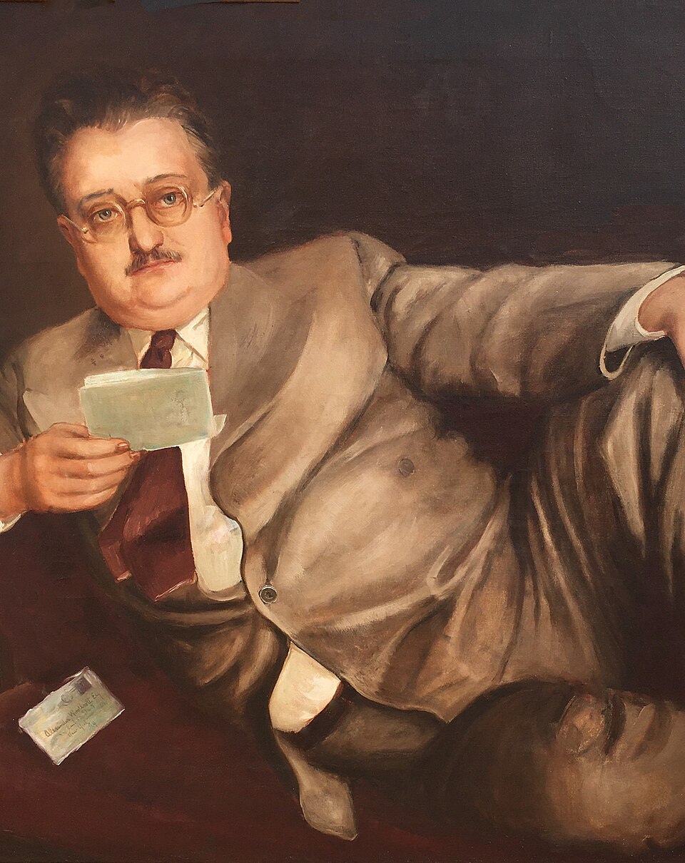 Color illustration of Woollcott, dressed in a suit and lounging on one elbow, paper in hand