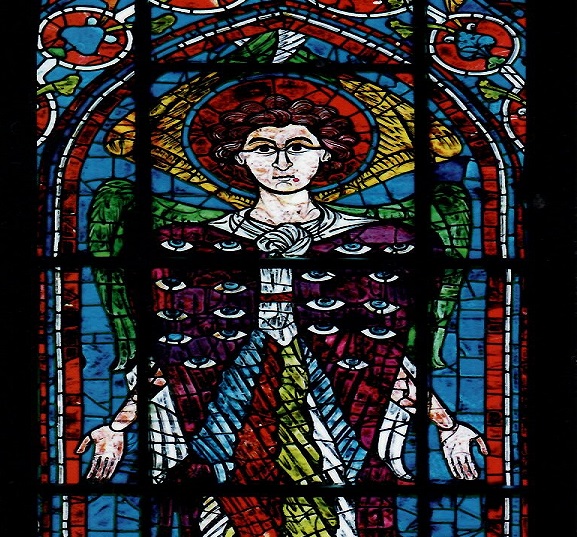 Stained glass window depicting angel from Notre Dame in Chartres