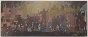 Aspects of Negro Life: From Slavery to Reconstruction by Aaron Douglas, a multi-colored painting with overlapping silhouettes depicting different eras of history for Black Americans