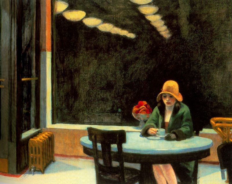 Painting by Hopper of a woman sitting at a corner table, alone, a large window showing darkness outside behind her
