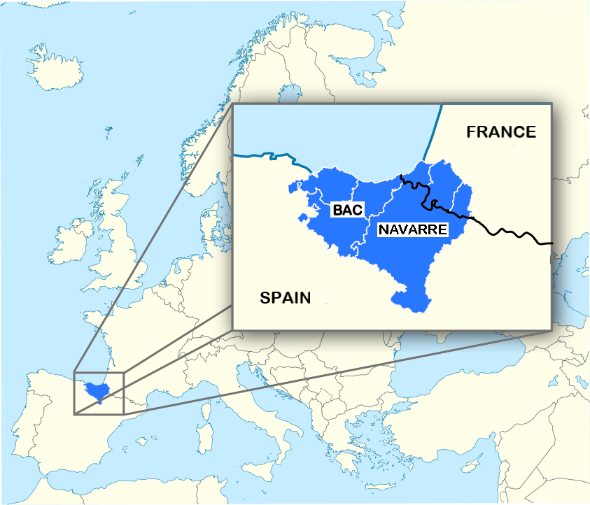 Map of the Basque Country which spans part of northern Spain straddling the border into southwestern France