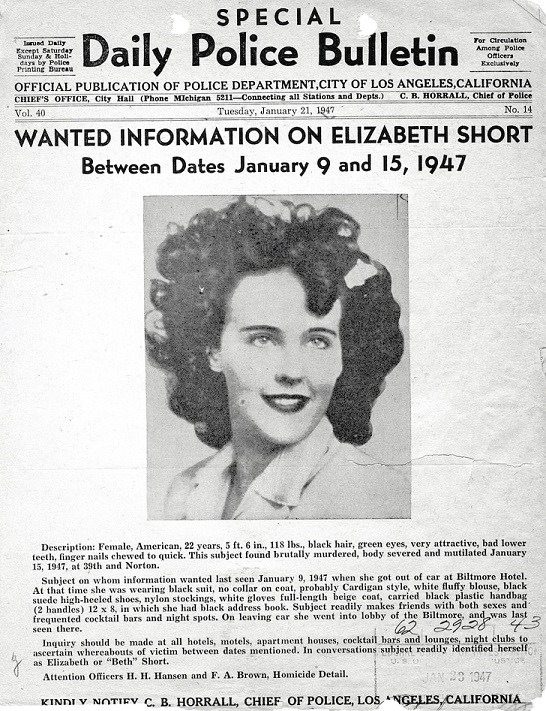 1947 LAPD flyer featuring black and white picture of Elizabeth Short
