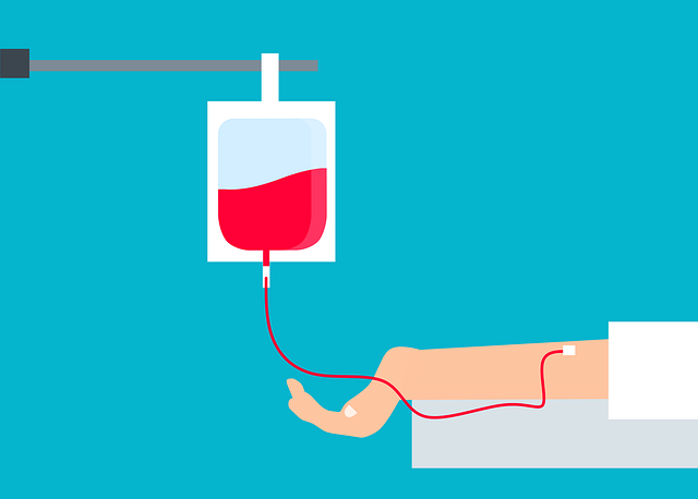 Simple color graphic showing a blood collection bag attached to a person's arm