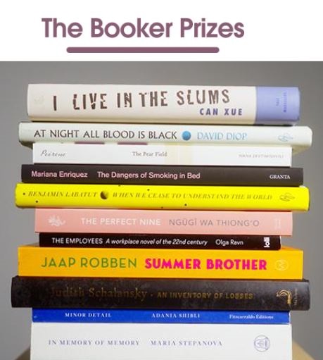 Booker Prize logo atop stack of books recognized for international prize in 2021