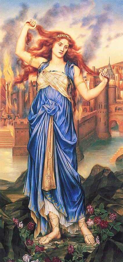 Painting of Cassandra standing in front of burning Troy by Evelyn De Morgan, 1898