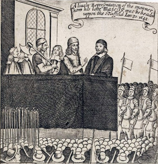 Black-and-white illustration of Charles I making a speech on the scaffold before his execution