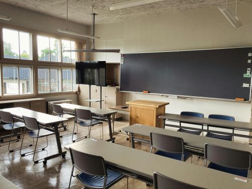 Empty classroom with long desks
