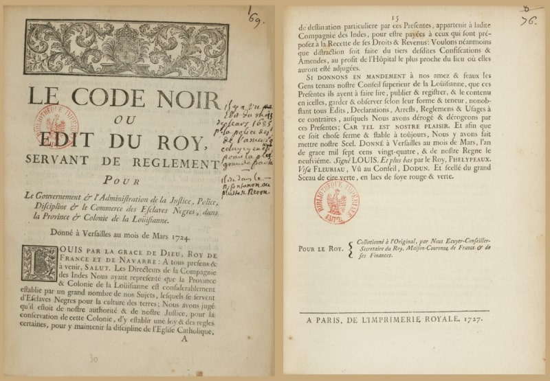 Photo of printed pages of the Code Noir with red stamp