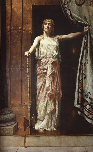 An 1882 oil painting by John Collier showing Clytemnestra, standing in a doorway and holding an axe, after having murdered Agamemnon