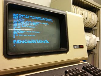 An old-fashioned console displaying a text-based video game