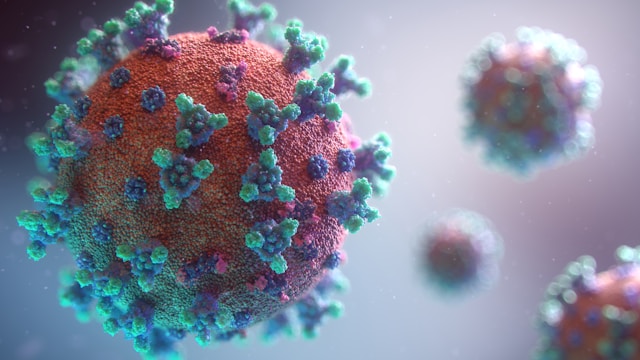 Representation of COVID-19 shown as reddish spheres covered with small clusters of green and blue spheres