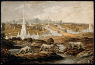 Historic illustration of Crystal Palace dinosaurs