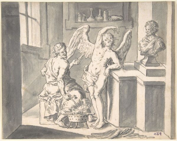 Daedalus Forming the Wings of Icarus out of Wax, black-and-white illustration showing Icarus standing in front of his father with one hand stretched over his head