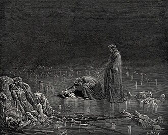 Dante leans down to talk to figures who are frozen in ice, while Virgil looks on