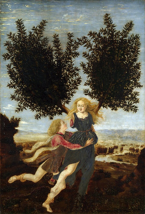 Oil painting depicting Apollo grabbing Daphne and her arms have turned into trees