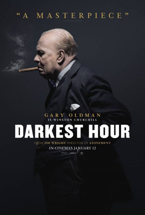Darkest Hour movie poster featuring Gary Oldman as Churchill in profile smoking cigar