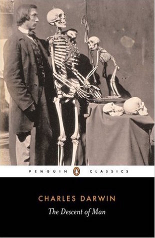 Descent of Man book cover featuring man and two model skeletons