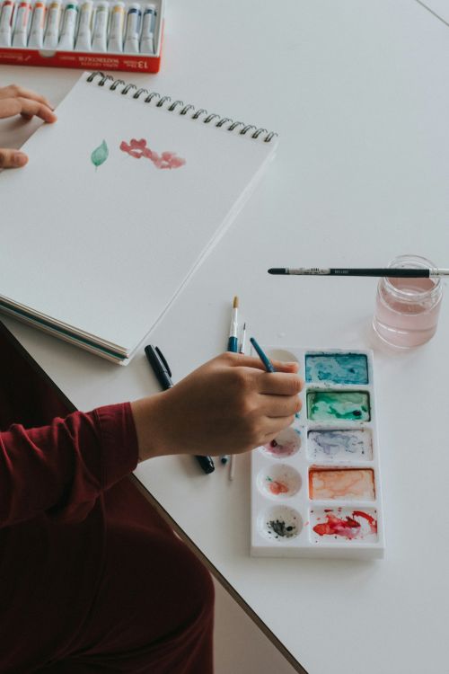Person's hand dipping paintbrush, and painted shapes on a pad of paper