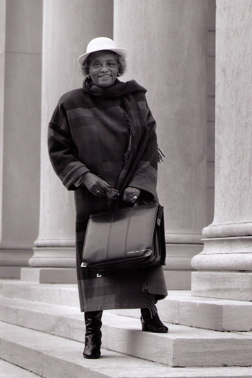 Black and white photo of Dovey Johnson Roundtree standing on courthouse steps