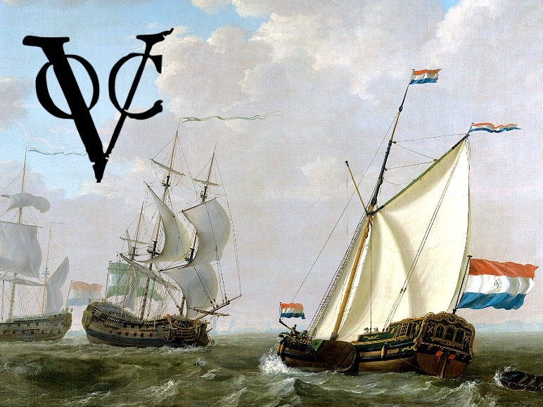 Painting of 17th century ships of the United East India Company flying the Dutch flag