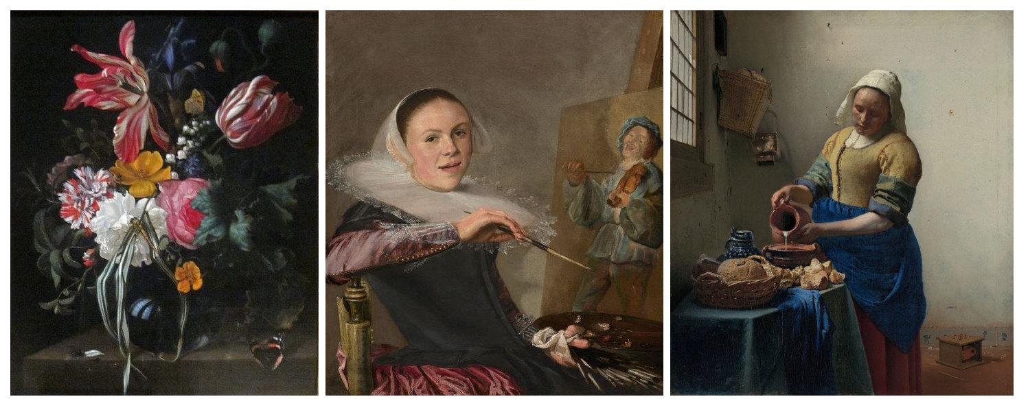 Collage of van Oosterwijck's Vase of Tulips, Rose, and Other Flowers with Insects, Leyster's Self-Portrait, and Vermeer's The Milkmaid