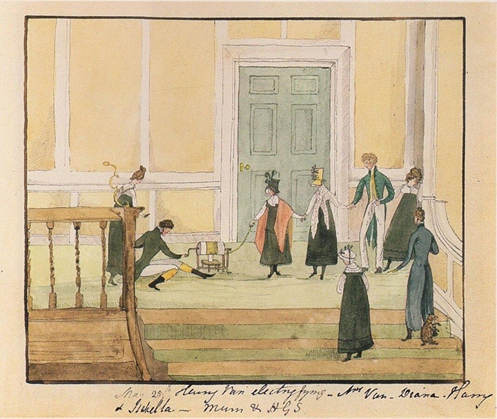 Painting depicting a man cranking an electrifying machine while guests line up to receive an electric shock