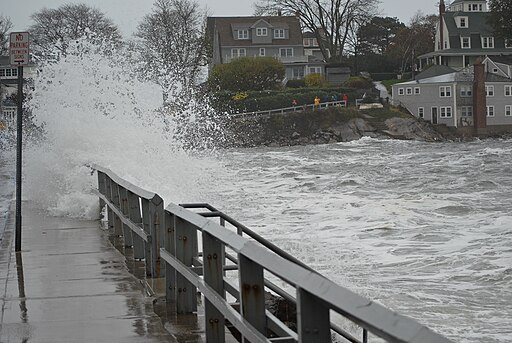 Floodwaters caused by Hurricane Sandy crashing into a sidewalk railing in Marblehead, Massachusetts